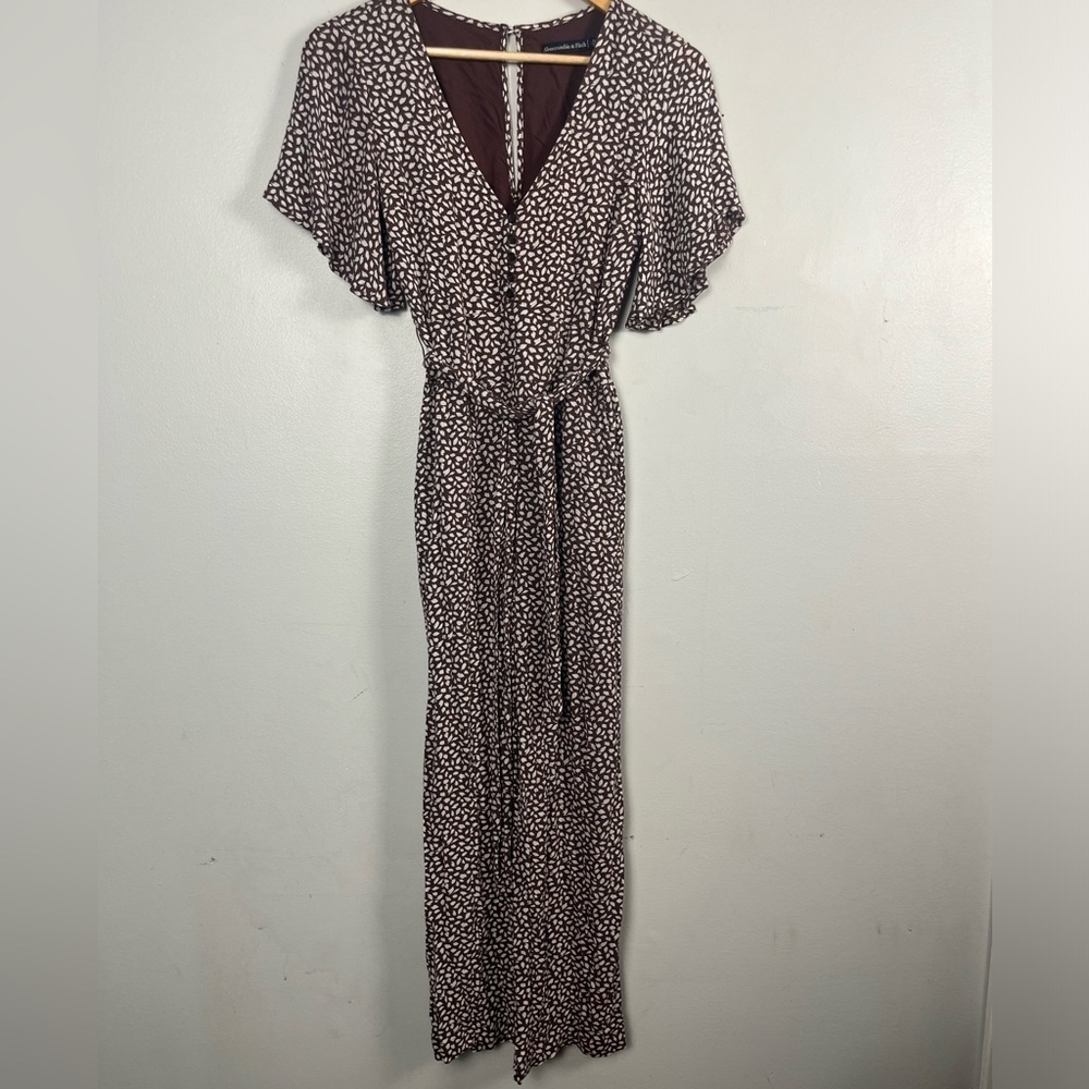 Abercrombie & Fitch Brown and White Jumpsuit One Piece Flutter Sleeves Pocket XS